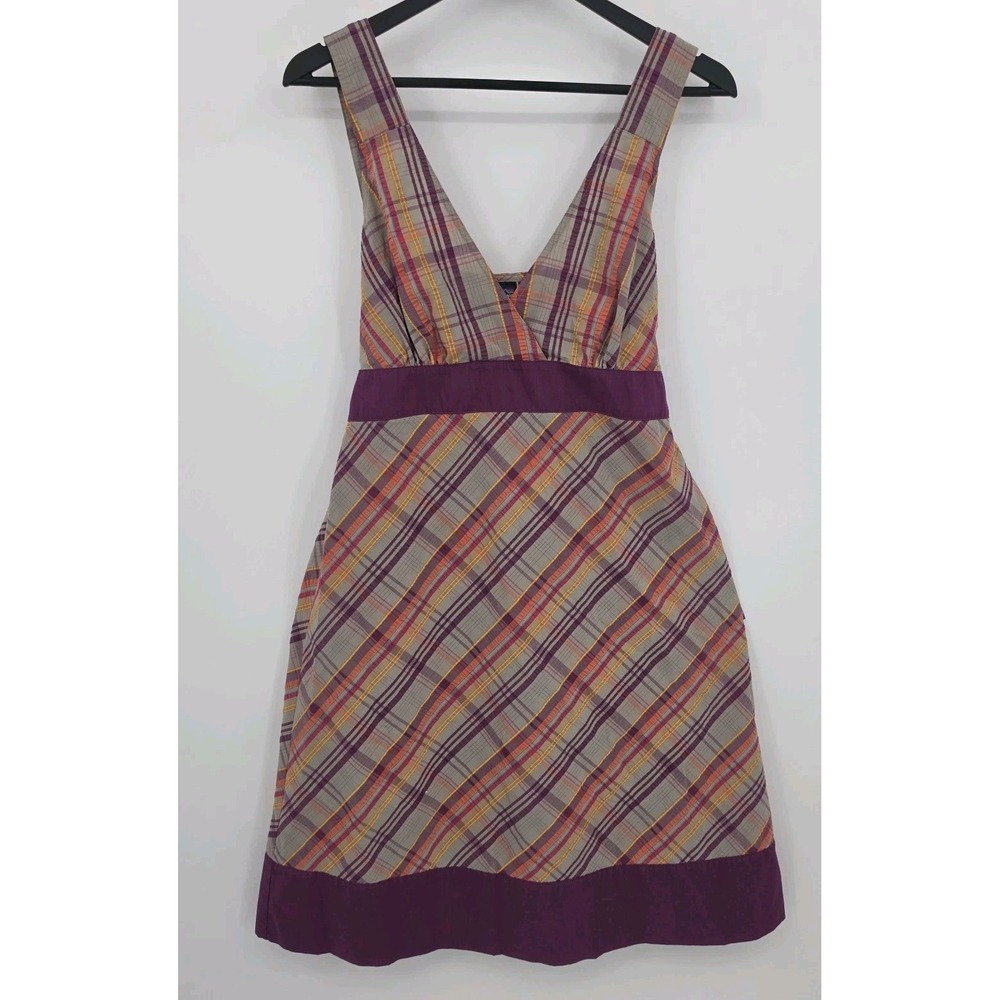 Patagonia Netty Dress Seersucker Plaid Tie Back Midi Sz 12 Sundress Outdoor Grey